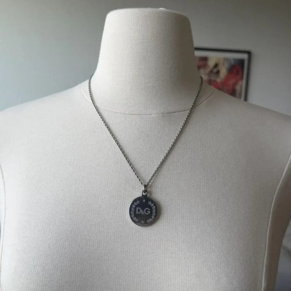 D&G Dolce & Gabbana Silver Logo Medallion Pendant Necklace